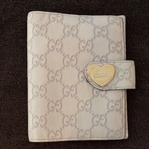 Gucci Cream GG Monogram Wallet with Gold Heart Snap